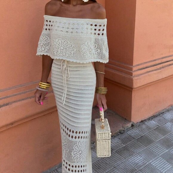 Apricot Elegant Women's Long Tube Top Short Sleeve Off Shoulder Knit Tie-Up - Picture 1 of 9